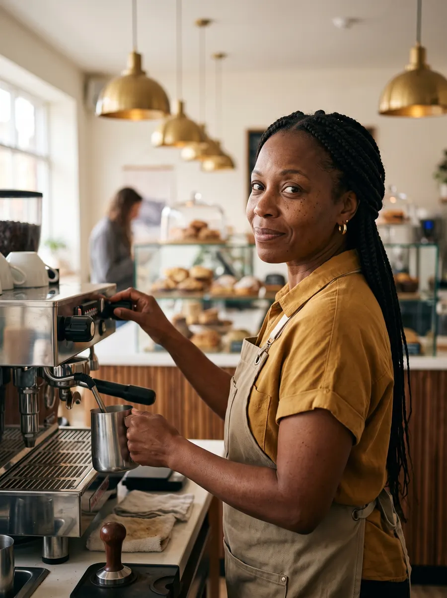 A café owner steaming milk at the espresso machine
