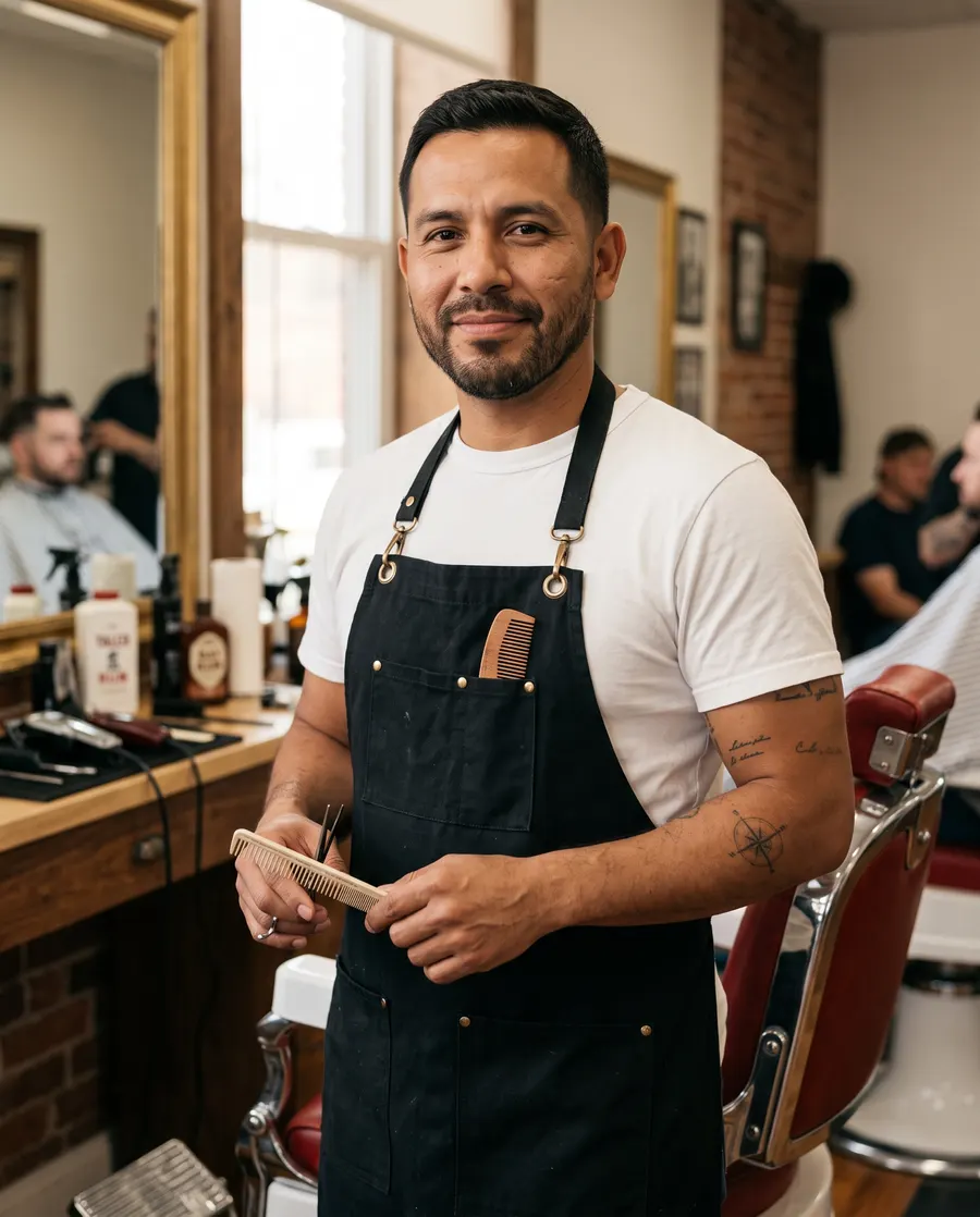 A barber with a comb and shears in his shop