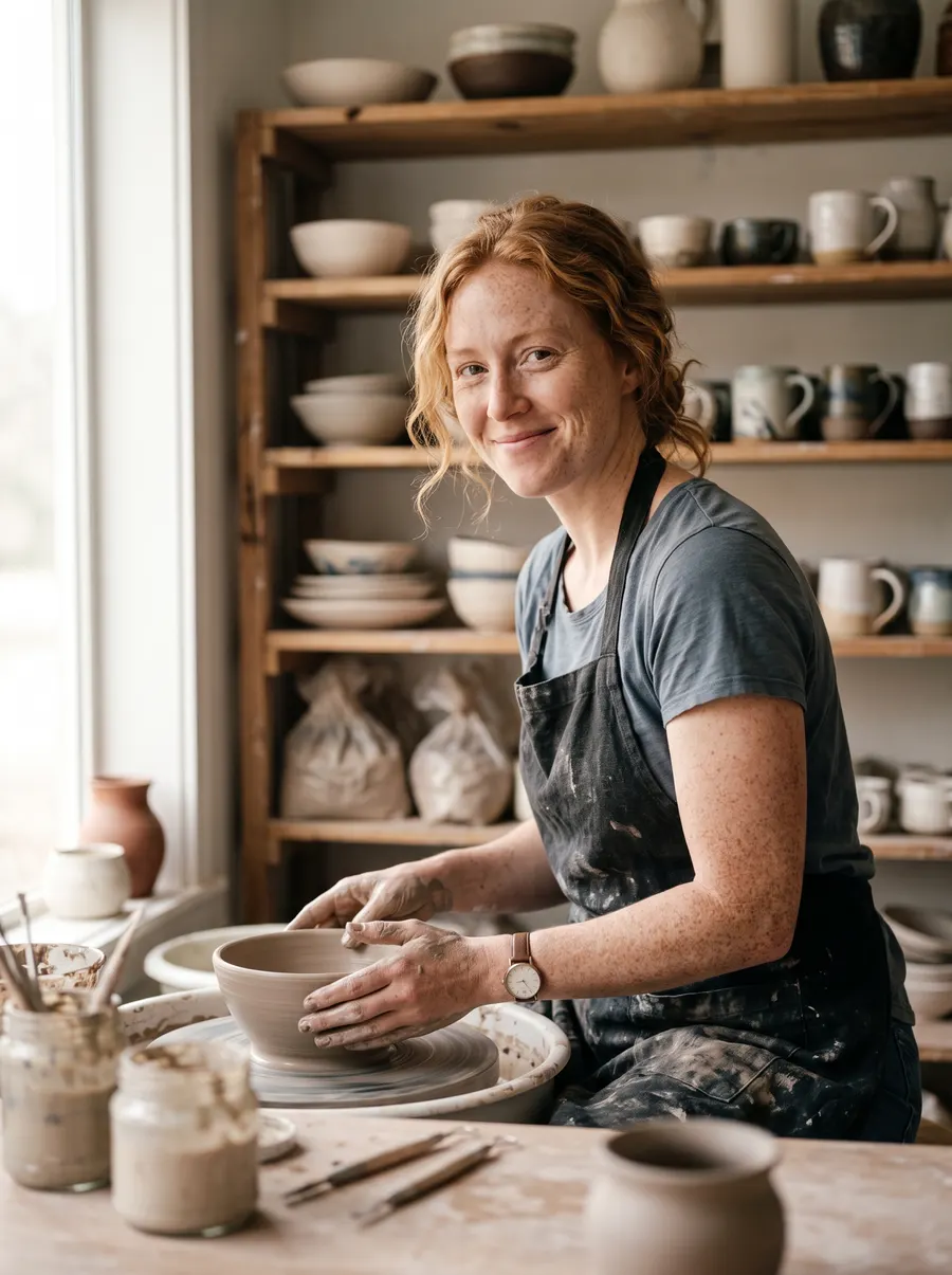 A potter shaping a bowl at the wheel