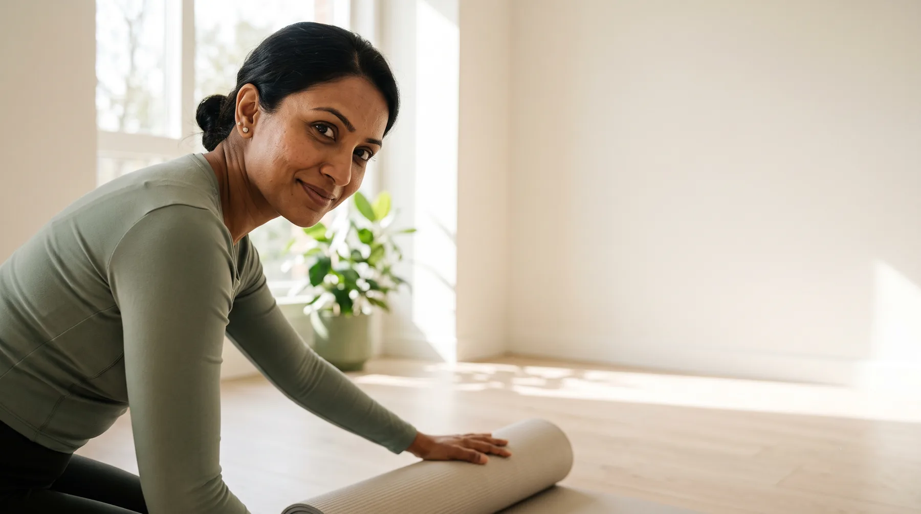 A wellness studio owner rolling out a mat